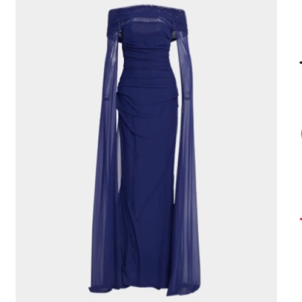 Talbot Runhof Off Shoulder Ruched Mesh Cape Dress